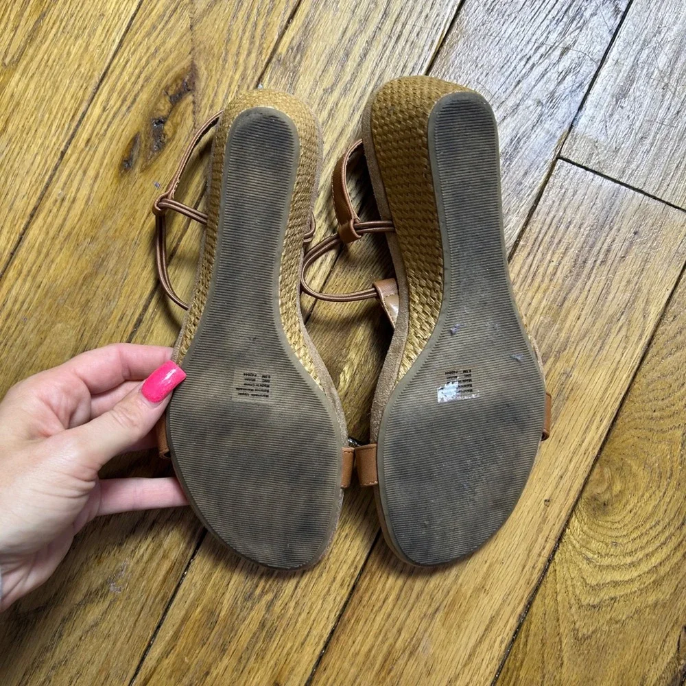 Style & Co Mulan Tan Brown T-Strap Woven Wedge Sandals Size 8.5M F42544
